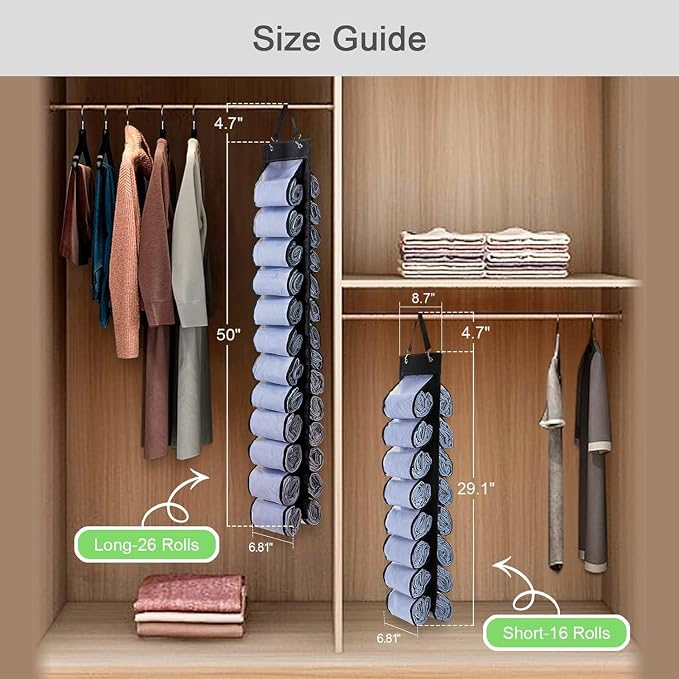 DHSFKBE Legging Organizer, Foldable Hanging Closet Organizer with 26 Roll Compartments for Yoga Clothes, Pants, Shirts (Black)