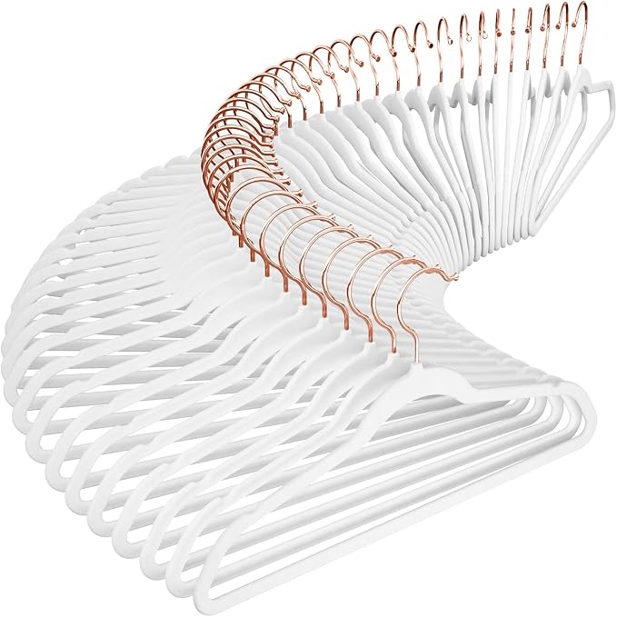 Velvet Clothes Hangers (50 Pack) Heavy Duty Durable Suit Hanger Vibrant Color Hangers Lightweight Space Saving Coat Hangers for Closet -White/Rosegold