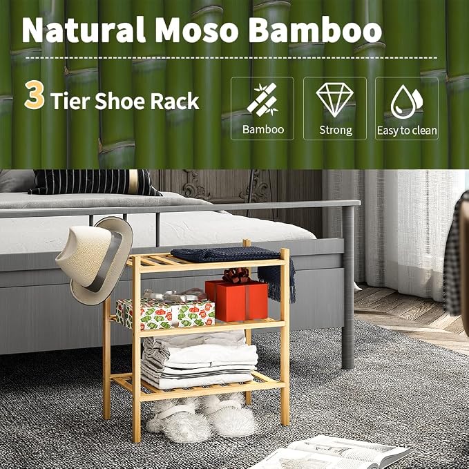 3-Tier Small Shoe Rack for Entryway, Stackable | Heavy Duty | Multi-Function, Bamboo Free Standing Shoe Racks for Bedroom Hallway Closet