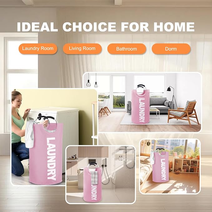 Mziart Large Laundry Basket with Padded Handles, 90L Pink, Oxford Fabric Laundry Hamper Tall Laundry Bag Clothes Hamper Storage Organizer for Bedroom Bathroom College Dorm, Collapsible and Waterproof