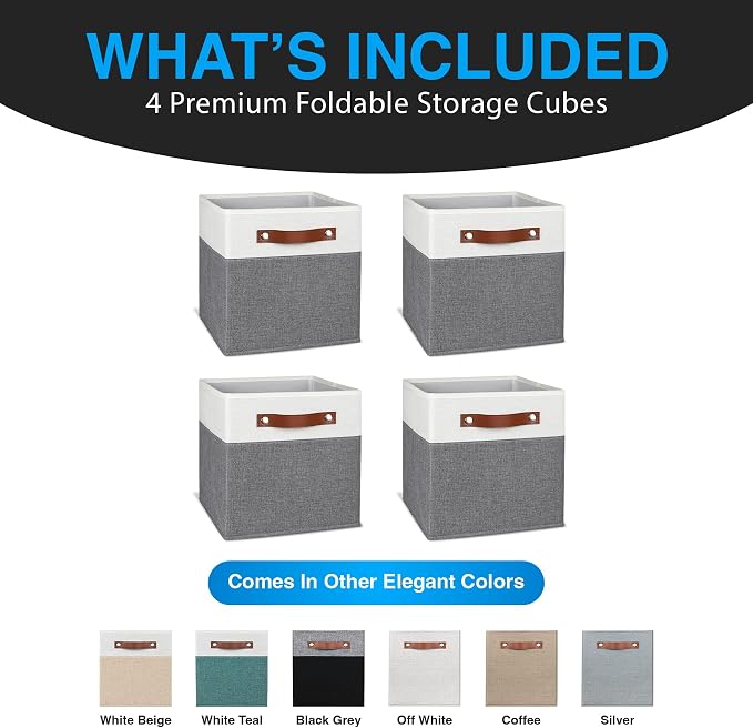 11 Inch Cube Storage Bin - 4 Pack - Linen Fabric 11x11 Cube Storage Bins for Bedroom, Living Room, Clothes and Toys; Foldable, Dual Leather Handles