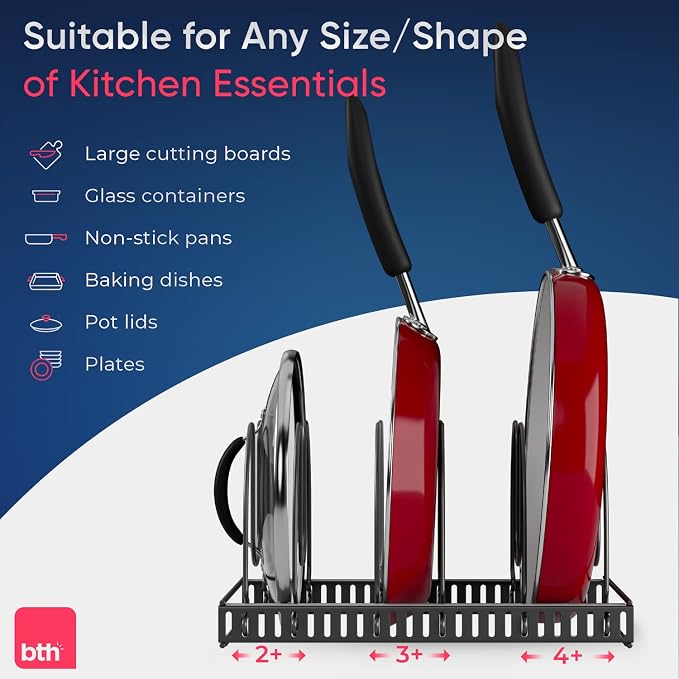 Better Things Home 7.5” Wide 6-Slot Adjustable Large Pan and Pot Lid Organizer with Scratch-Free Pads, Single Large Rack with 6 Adjustable Dividers, Cutting Boards, Baking Sheet, Inside Cabinet