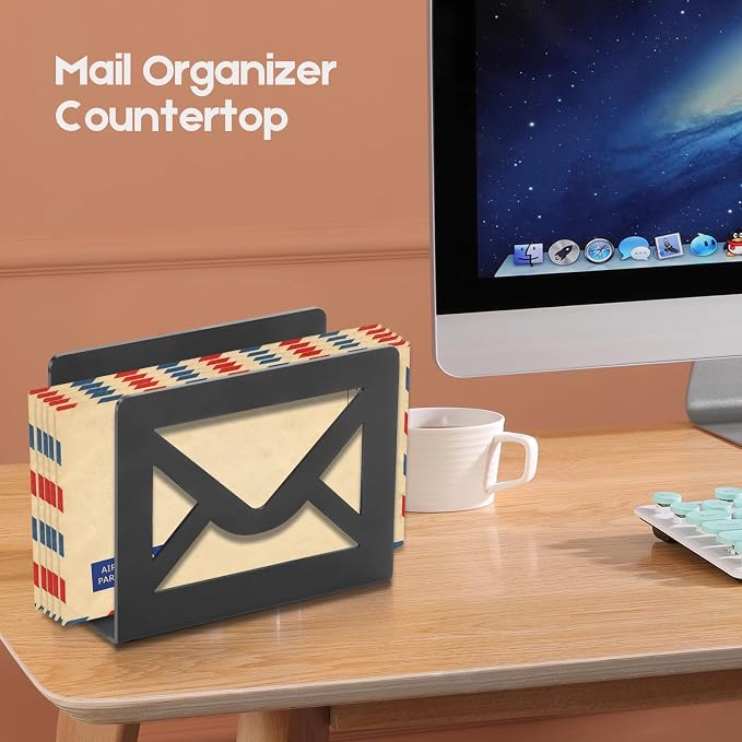 Desktop Metal Mail Holder,Letter Organizer for Desk(Black) | Modern,Cutout Envelope Design,Envelope and Document Storage Rack for Home and Office