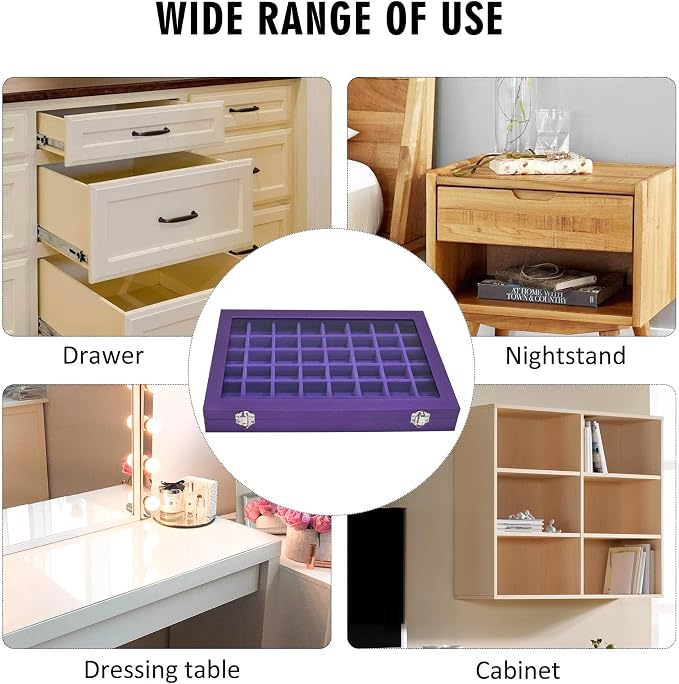 Siveit Jewelry Tray Organizer Box 48 Grid Jewelry Display Organizer Box with Transparent Lid Rings Earrings Necklaces Pendants Display Box Suitable for Women and Girls (48 Grid, Purple)