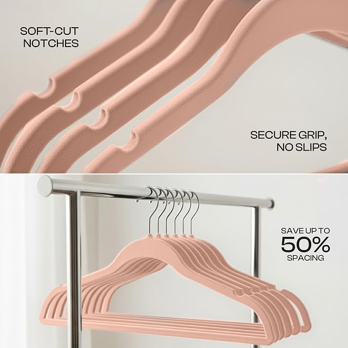 Utopia Home Velvet Hangers, Pink, 50 Pack | Luxury Non-Slip Slim Pant & Coat Hangers, Strong Space-Saving Clothes Hangers with Pants Bar and 360° Swivel Hook