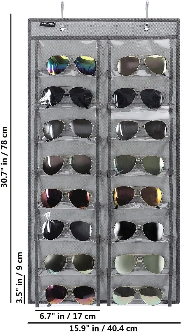 Over the Door Hanging Sunglasses Organizer Storage Sunglass Rack Holder Eyewear Display Case with 16 Clear Dust Proof Pockets (16 Pockets-Grey)