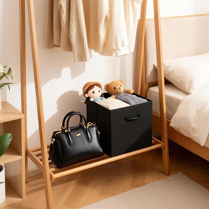 WUIKE Black Storage Cubes, 13-Inch Faux Leather Front Bins, 4-Pack | Collapsible Cubby Organizer Baskets with Handles for Shelves and Closets