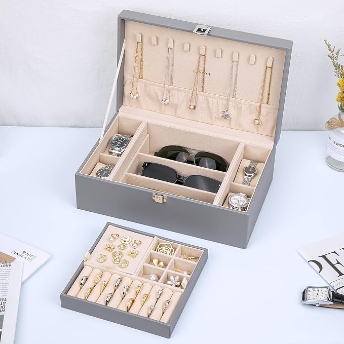 LANDICI Jewelry Box Organizer for Men Women, 2 Layer 4 Slot Watch Storage Case with Removable Tray, PU Leather Large Jewellery Holder Display for Watches Sunglasses Rings Earrings Necklace, Grey