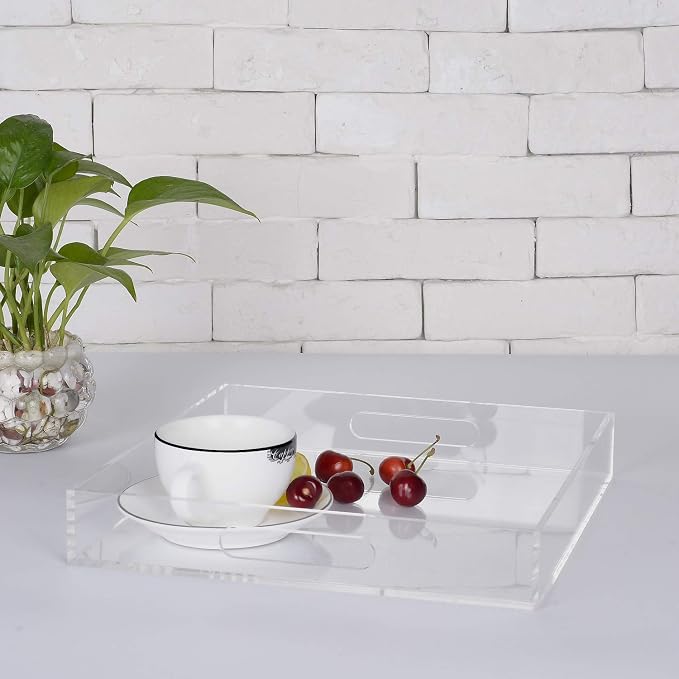 KEVLANG Clear Sturdy Acrylic Serving Tray with Handles - 10x10Inch - Coffee, Appetizer, Breakfast, Butler Tray - Kitchen Countertop & Vanity Table Organizer