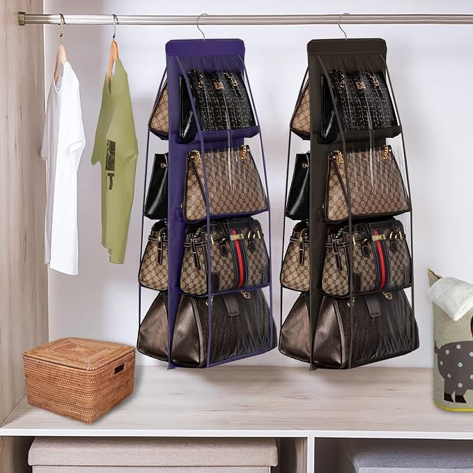 Lirex 2-Pack Handbag Hanging Purse Organizer for Closet, 8 Pocket Handbag Storage Organizer Hanger Oxford Cloth Closet Organizer for Family Closet Bedroom, Foldable and Universal Fit, Dark Brown