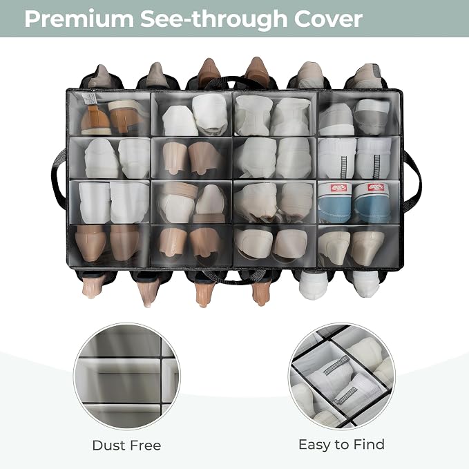 Extra Large Fabric Shoe Organizer for Closet, Fits up to 28 Pairs, Foldable Shoe Storage Bin Containers with Adjustable Dividers and Clear Cover, Black, 1 Pack