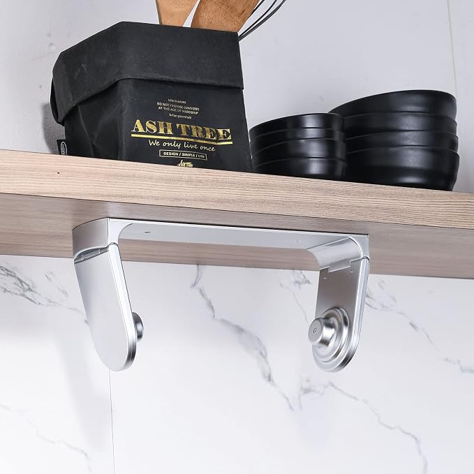 simpletome ONE Hand Paper Towel Holder Under Cabinet (Pearl Chrome Silver) | tension arms, tear one/more sheets at one time | aluminum alloy+abs | adhesive or drilling for wall/cabinet | for 28cm roll
