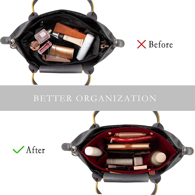 Vercord Purse Organizer Insert for Long champ Felt Organizer Insert with Zipper Handbag Insert Tote Shaper Storage Bag Burgundy S
