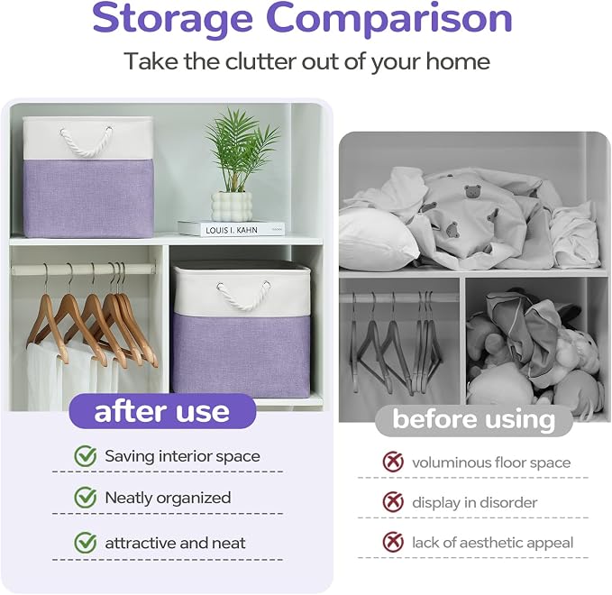 13 x 13 Inch Cube Storage Bins, 6 Pack Fabric Storage Basket with Handles, Foldable Boxes Organizer for Shelf Baskets for Home, Clothes (White/Purple)