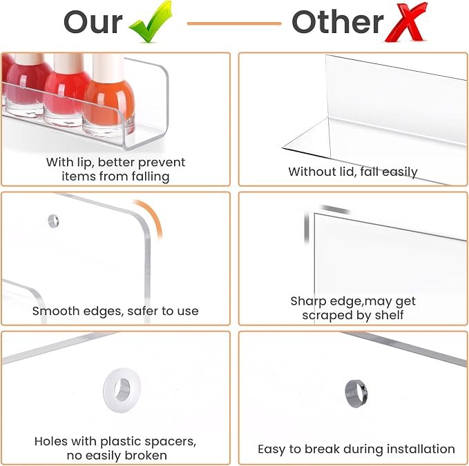upsimples 10 Pcs 12" Clear Acrylic Shelves, Small Shelf for Wall Display | Narrow Floating Shelves for Nail Polish, Vinyl Wall Mount, Record Holder, Magazine Rack, Comic Display, Picture Ledge Shelf