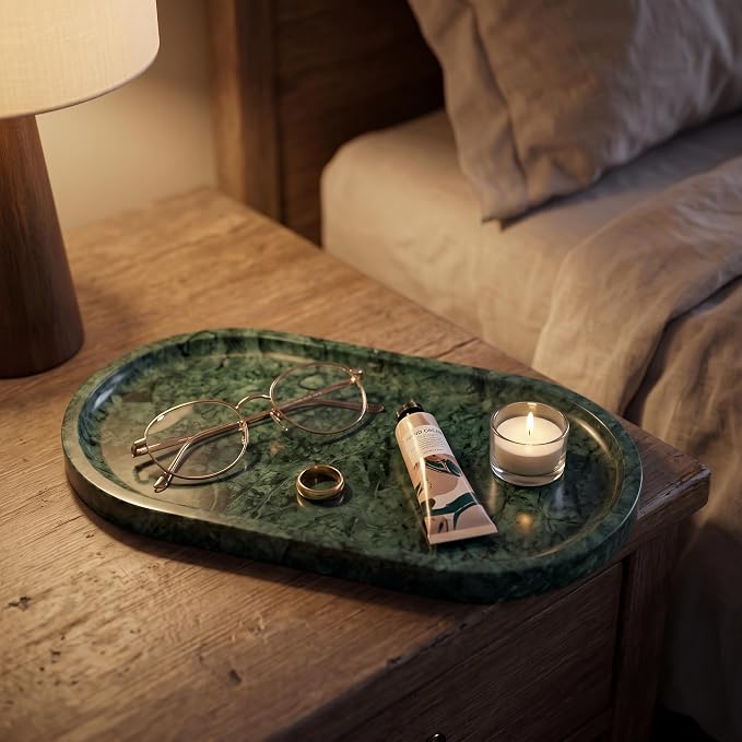 YKAJO Jade Green Oval Marble Tray, 11.8x5.9 Vanity Perfume Organizer Dish | Honed natural stone; jewelry & trinket dish, ring & key holder, soap & candle catchall; bath counter, dresser, coffee table