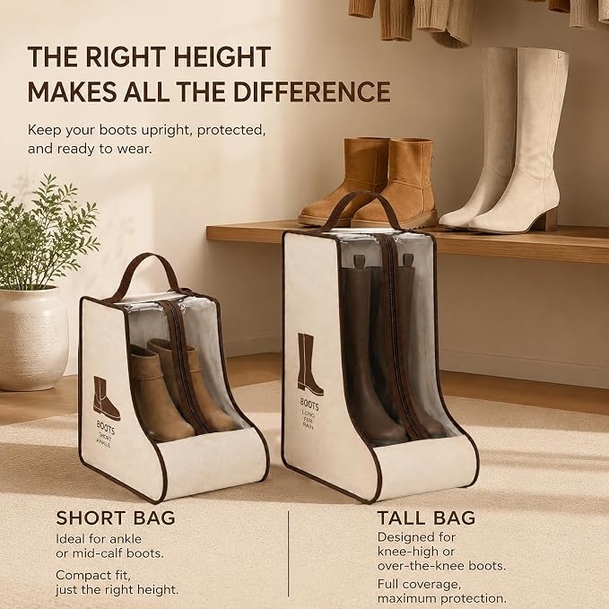 Boot Storage Bag Organizer,Dustproof Boot Bags for Cowboy Boots,Portable Travel Shoe Protector Bags,Tall Boot Covers Storage Organizer for Packing (2 Short + 2 Long Beige Widened)