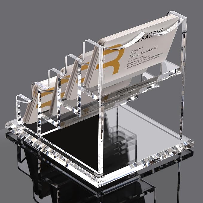 SANRUI Clear Acrylic Business Card Holder for Desk Display Stand Holders Organizer Rack, 4 Tier 4 Pocket, Holds 200 cards