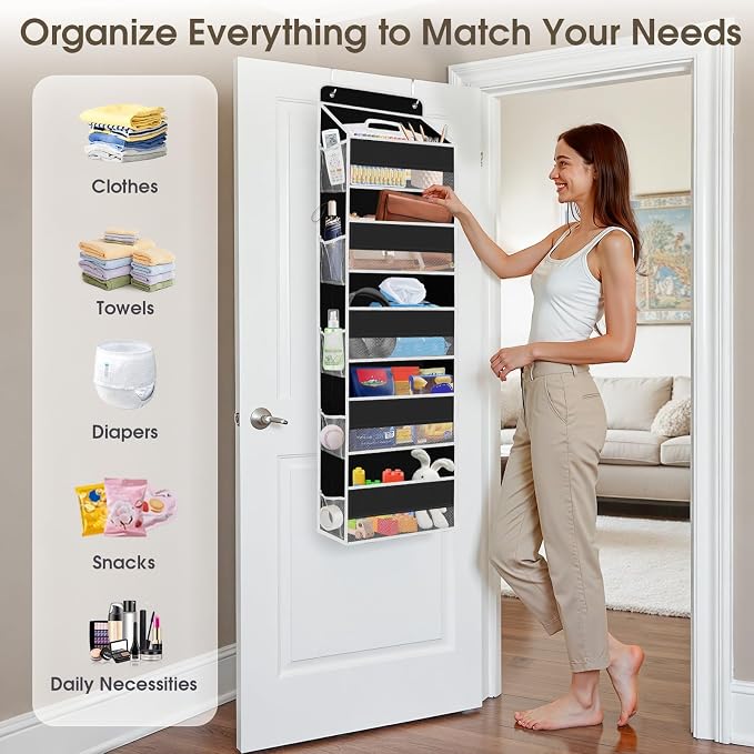 SpaceHacks 1 Pack Over The Door Organizer, Hanging Storage Organizer with Clear Window, 40lb Ultra Sturdy Large Capacity Room Organizer for Pantry Laundry Bathroom Nursery Closet (Black)