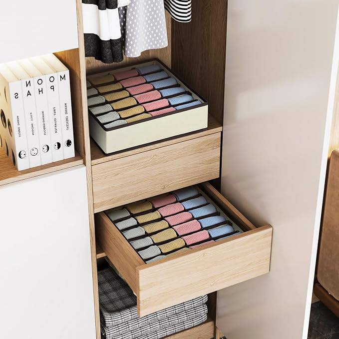 Joyoldelf Sock Drawer Organizer Divider Underwear Organizer 24-cell Fabric Dresser Drawer Organizers Storage Boxes for Socks Lingerie, Handkerchiefs, Ties 4 Pack (Beige)