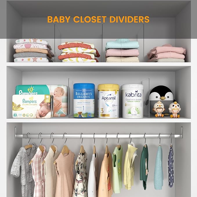 OKPOW Shelf Dividers for Closet Organizer: 12 Inch Tall Acrylic Clear Closets Organization Storage for Sweater Clothes Bag Purse Towel - 12 Pack Adjustable Plastic Vertical Separators for Wood Cabinet