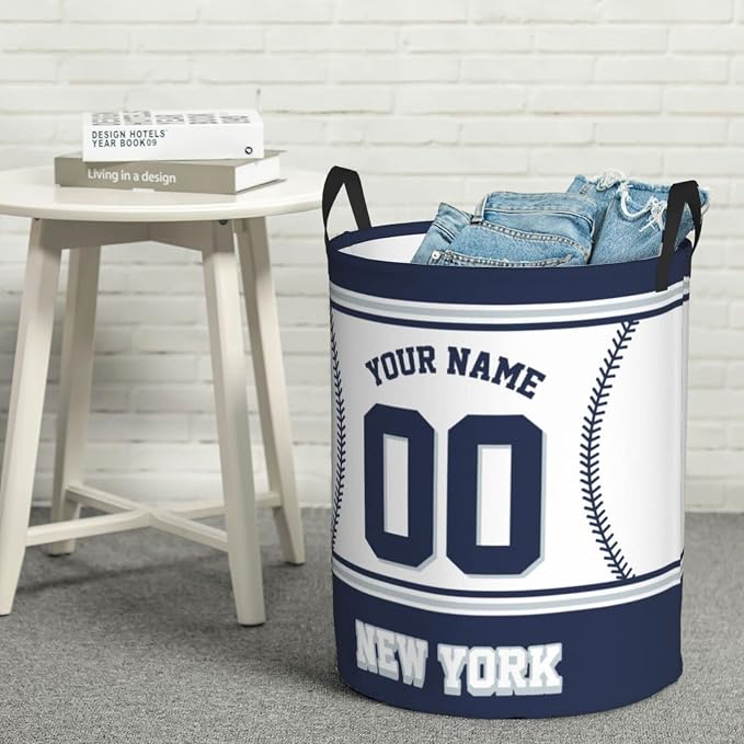 Custom New York Laundry Hamper Personalized Laundry Basket Customized Name And Number Collapsible Storage Basket for Bedroom Bathroom Living Room Baseball Fan Gifts