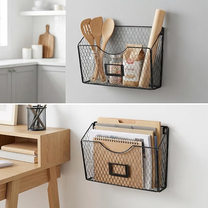 PAG 3 Pockets Hanging File Holder Wall Mount Mail Organizer Metal Chicken Wire Magazine Rack with Tag Slot, Black