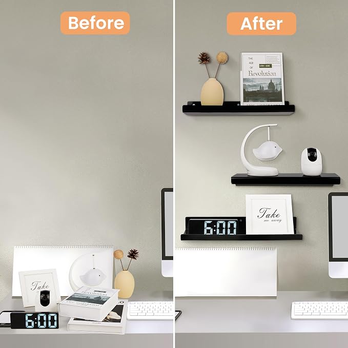 upsimples 2 Pcs 15" Acrylic Shelves for Wall Organize and Display, Black | Cute Floating Shelf for Perfume, Skincare, Nail Polish, Wall Organizer for Bedroom, Living Room, Playroom, Room Décor
