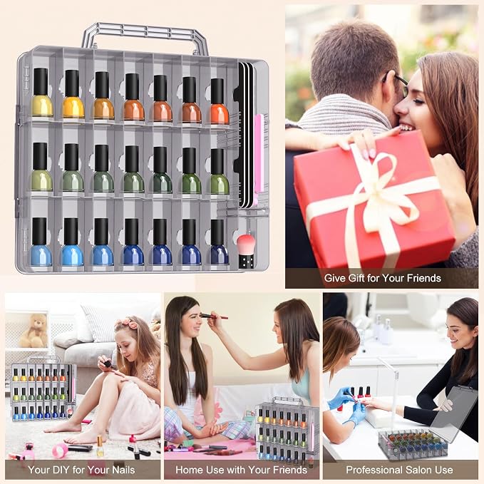 SUBAY 2 Pcs Portable Nail Polish Organizer, Clear Double Side Nail Polish Holder,Gel Nail Storage for 48 Bottles with 6 Adjustable Dividers in Each Side Space Saver Grey