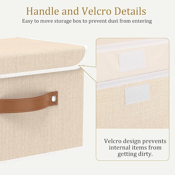 OUTBROS Storage Boxes, Bins with Lids, Beige, 3 Pack 10.2x7.9x6.7in | Cotton and linen cloth Storage Baskets with Handle, for Books, Closet, Bedroom, Home