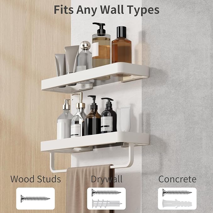 Danpoo 16-Inch White Floating Bathroom Shelves with Towel Bar, Clear Tempered Glass Wall Shelf 2-Pack – Versatile Bathroom Organizer Set