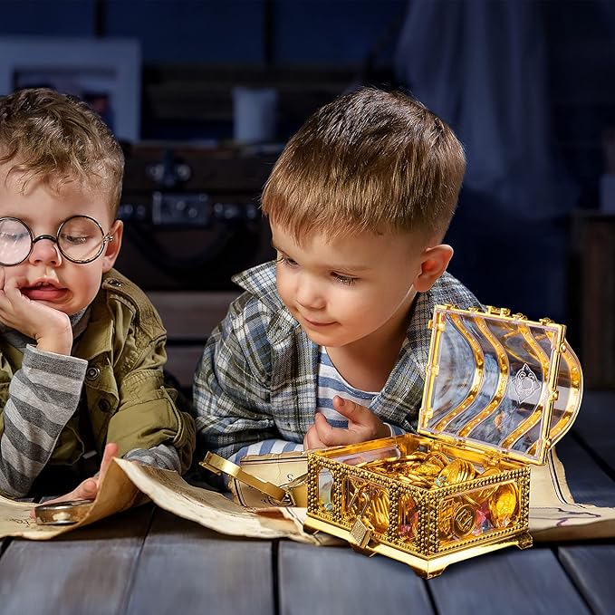 Pirate Treasure Chest for Kids Toy, Decorative Transparent Golden Pirate Chest with Lock and Key