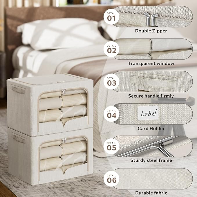 FHSQX 3 Pack Clothes Storage Bins Foldable Metal Frame Storage Box Extra Large Stackable Linen Fabric Organizer Set with Carrying Handles and Clear Window (Beige, 23.6x16.5x15.7inch(100L))
