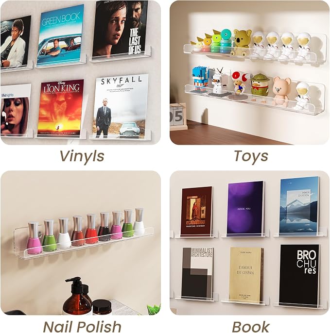 Gotega 12 Pack Vinyl Record Shelf Wall Mount, 12 inch Album Record Holder Display, Clear Acrylic Floating Shelves for Wall, Suitable for Bedroom, Living Room, Magazine Shelf, Kids Bookshelf, etc