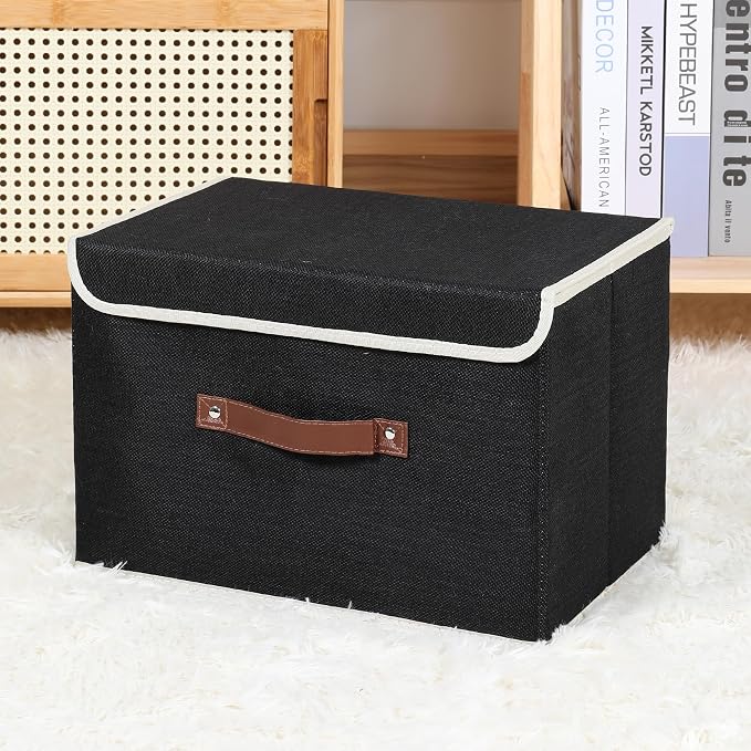 ANMINY 2PCS Storage Bin with Lid Storage Boxes with PU Leather Handles PP Plastic Board Decorative Foldable Lidded Cotton Linen Fabric Home Cubes Baskets Closet Organizer Container - Black, Medium