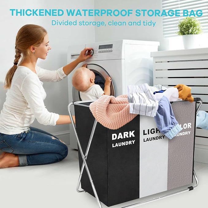 150L Laundry Cloth Hamper Sorter Basket Bin Foldable 3 Sections with stainless steel Frame Washing Storage Dirty Clothes Bag for Bathroom Bedroom Home Storage Basket (Black+Gray+Coffee)