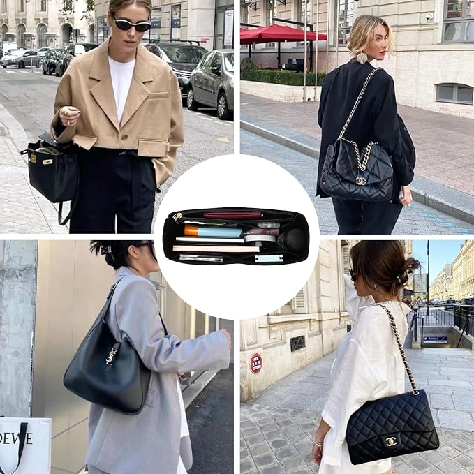 Surblue Purse Organizer Insert for Handbags, Felt Bag Organizer with Zippers Handbag Shaper Pouch for Classic 19 Flap Bag, Marmont, Onthego,(Black, Slender M)