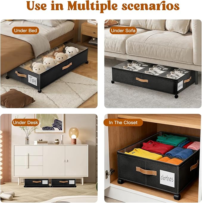 Under Bed Storage with Wheels, Rolling Under Bed Storage Containers with Clear Lid and Handles for Clothes, Shoes, Blankets, Pillows, Toys, Books, Bags (60L, 30.9 x 16.9 x 6.7in, Black, 2 Pack)