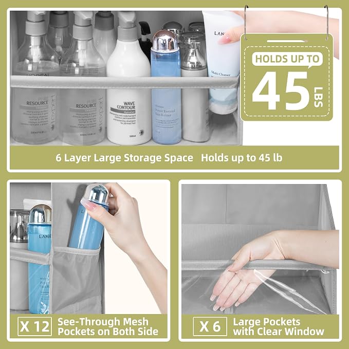 Over Door Organizer with 6 Extra Large Pockets 12 Side Pockets, Sturdy Closet Storage Rack, Hanging Storage Organizer with Clear Window for Shoes, Diapers, Bedroom, Bathroom, Grey, 3-Pack