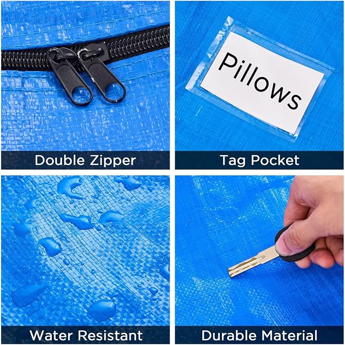 BETU 4 Pack Moving Bags Moving Storage College Dorm Camping Packing Travel PE Heavy Duty, Sturdy Handle, Zipper Large Storage Tote Bag Moving Boxes Box Alternative - Blue 29L x 14W x 13H