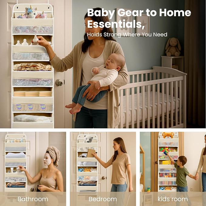 Easy Assembly Over The Door Organizer, 6 Shelves&10 Side Pockets, Heavy-Duty Reinforced Mesh Rack Holds 44lb, Hanging Behind Door Storage for Bathroom Pantry, Nursery, Closet, Shoes,Towels-Ivory White