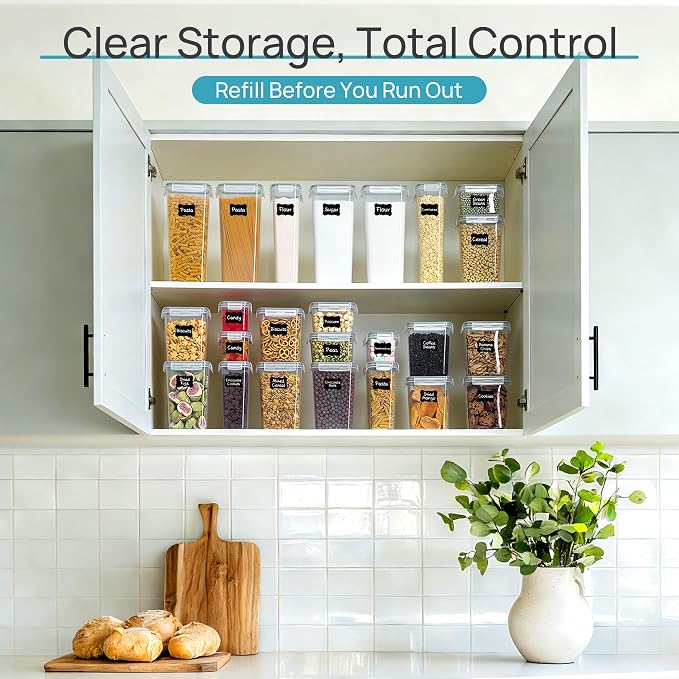 Vtopmart Airtight Food Storage Containers with Lids, 24 pcs Plastic Kitchen and Pantry Organization Canisters for Cereal, Dry Food, Flour and Sugar, BPA Free, Includes 24 Labels,Gray