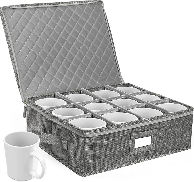 LotFancy Cup and Mug Storage Container, Hard Shell, China Coffee Mug Storage Box for Moving, with Dividers & Handles, Holds 12 Tea Cups, Grey