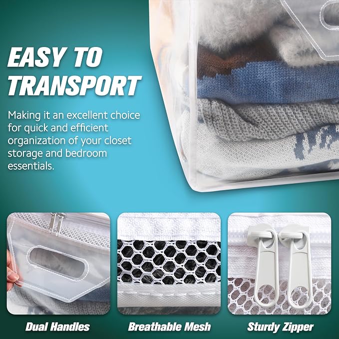 HIBAG 10 Gallon Large Storage Bag for Clothes, Zipper Clothing Storage Bag, Clear Organizer with Reinforced Handles, for Closet and Underbed Storage (4 Pack)