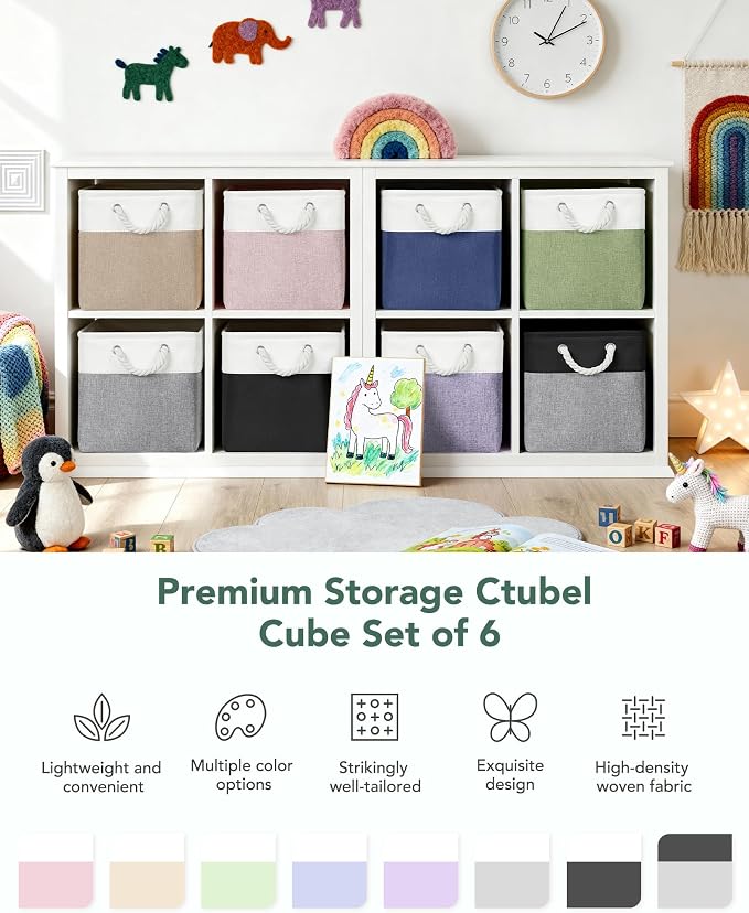 12x12 Storage Cube Bins, 6 Pack Reinforced Bottom Cardboard Foldable Box, Organizer for Closet Shelves, Heavy Home Storage Baskets (White Black)