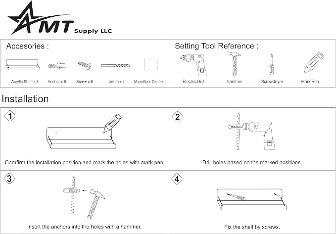 AMT 3 Pack Acrylic Floating Shelves, 15 L x 1.8 W, Clear Bathroom Wall Shelf, Bookshelves, Invisible Display for Office, Bedroom, Small Gap Allows Water to Escape, Free Screws & Drill Bit (Small)
