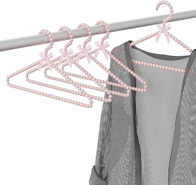 Linkidea 5 Pack Faux Pearl Beaded Clothes Hangers Bulk Pack, Wholesale Multi-Pack Elegant Clothes Dress Wedding Shop Pants Hanger, Closet Coat Storage Organizer Standard Hangers (Pink)
