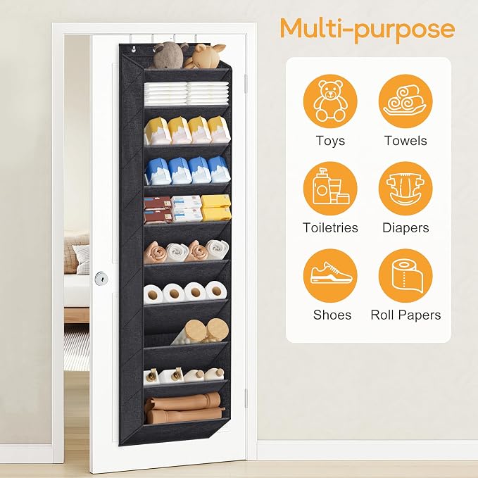 KIMBORA 10 Tier Over the Door Shoe Organizer with Large Pockets, Hanging Shoe Rack for Closet Door Storage, Fits 20 Pairs of Sneakers Boots Hanger Holder, Black