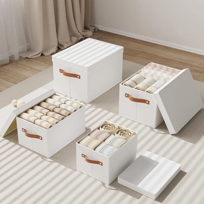 Fabric Storage Baskets,White Boxes,15 x 9.8 x 8.3In,3 Pack | Foldable Storage Bins with Lids,Shelves Organizers for Wardrobe,Bedroom,Decorative Closet Cubes for Shoes Towel Book