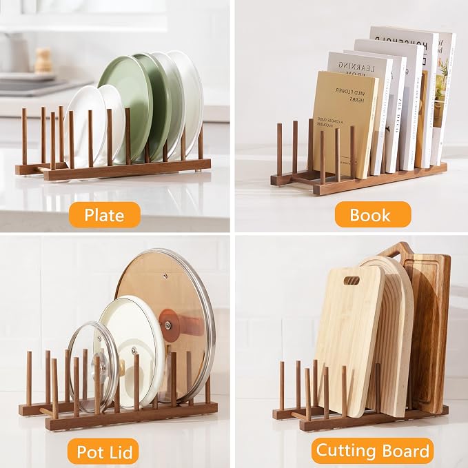 HBlife 4pcs Acacia Wooden Dish Dying Rack Pot Lid Plate Organizer Holder for Cabinet, Cutting Board Stand Drainer Storage Plate Rack for Dish, Pot Lid, Bowl, Cup, Cutting Board and Books